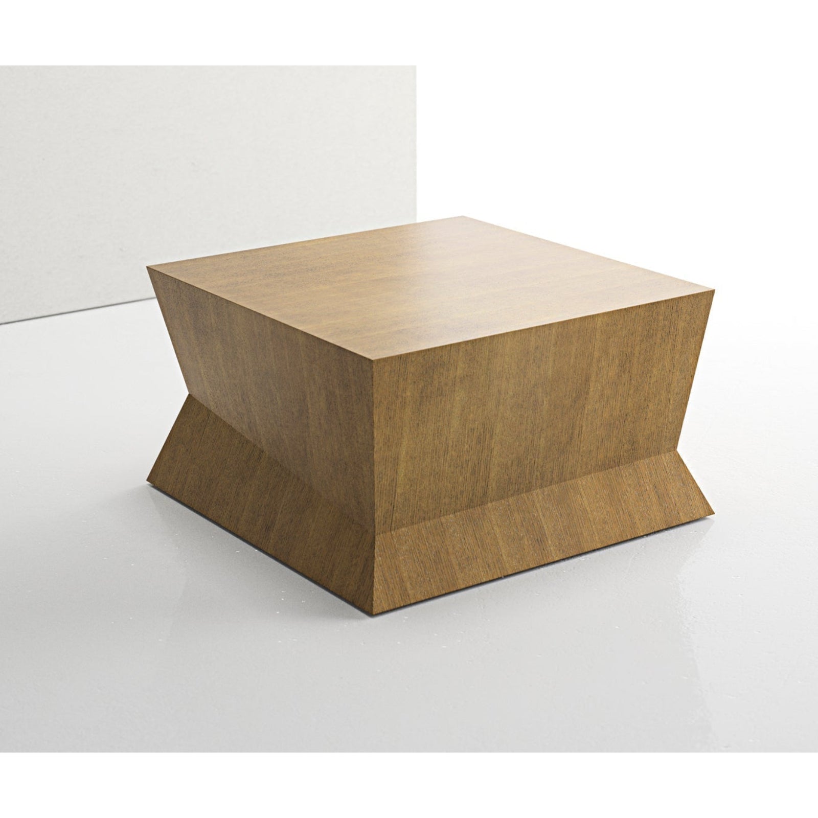 Wooden side table with a geometric design on a white background