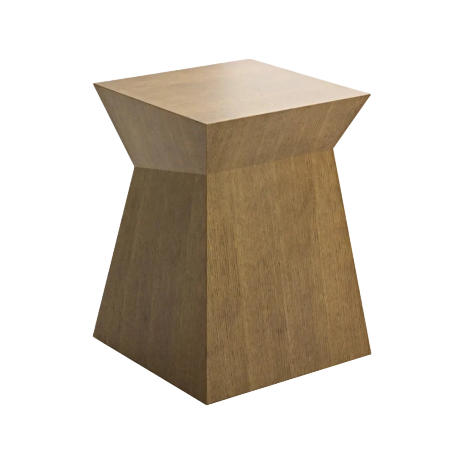 Wooden side table with a geometric design on a white background