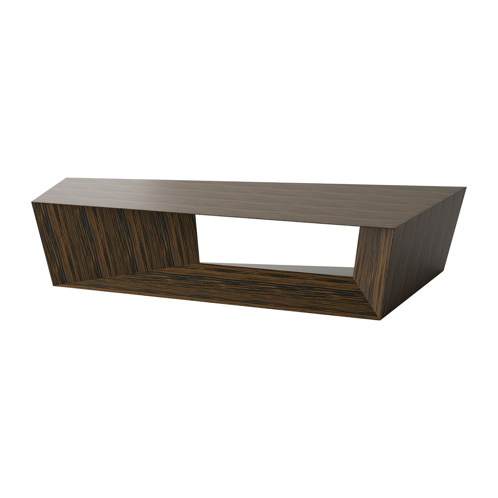 Wooden coffee table with a dark brown finish on a white background