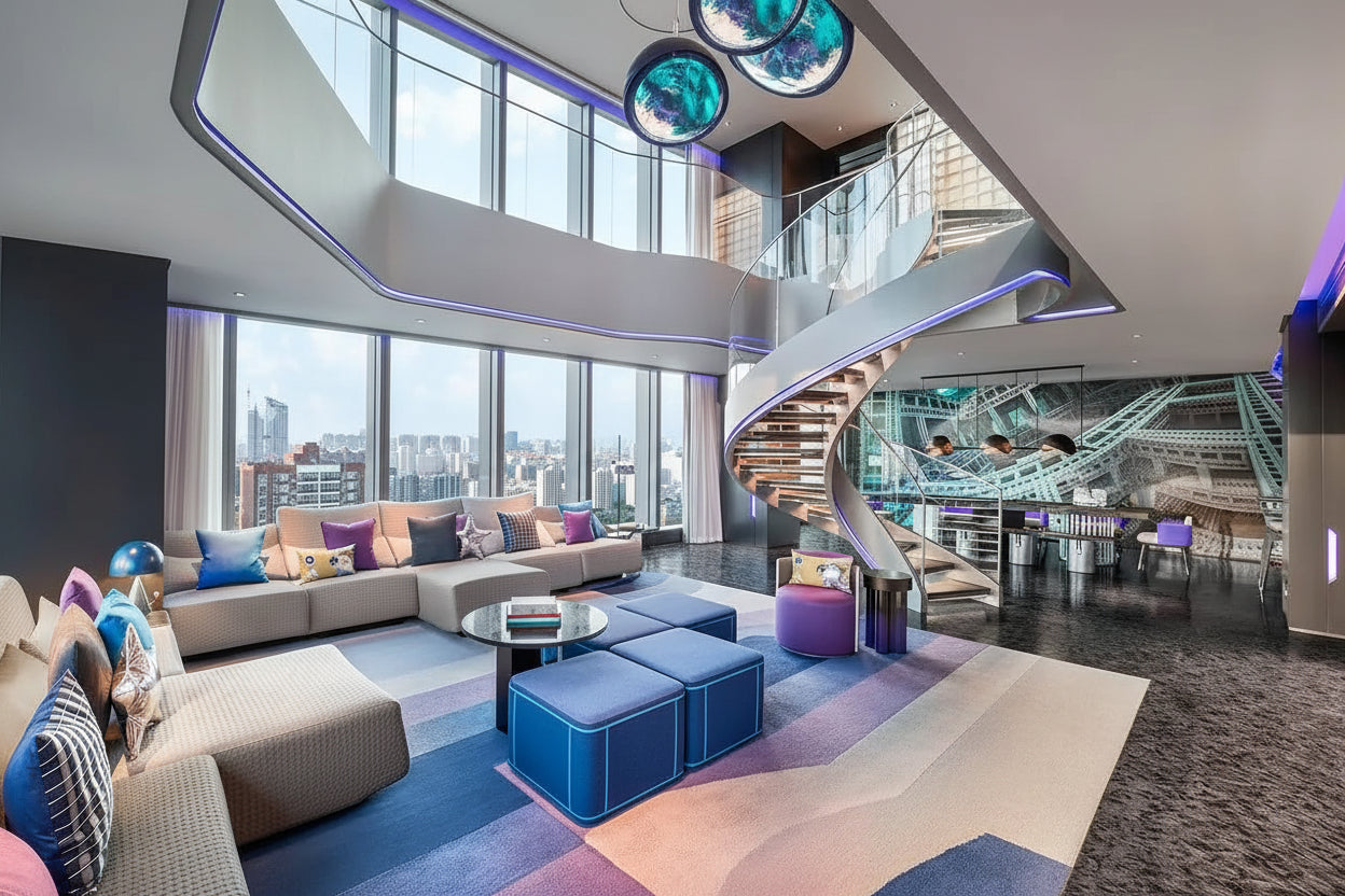 A luxury modern living room with a large sectional sofa, blue ottomans, a patterned area rug, a glass spiral staircase, and floor-to-ceiling windows overlooking a city skyline.