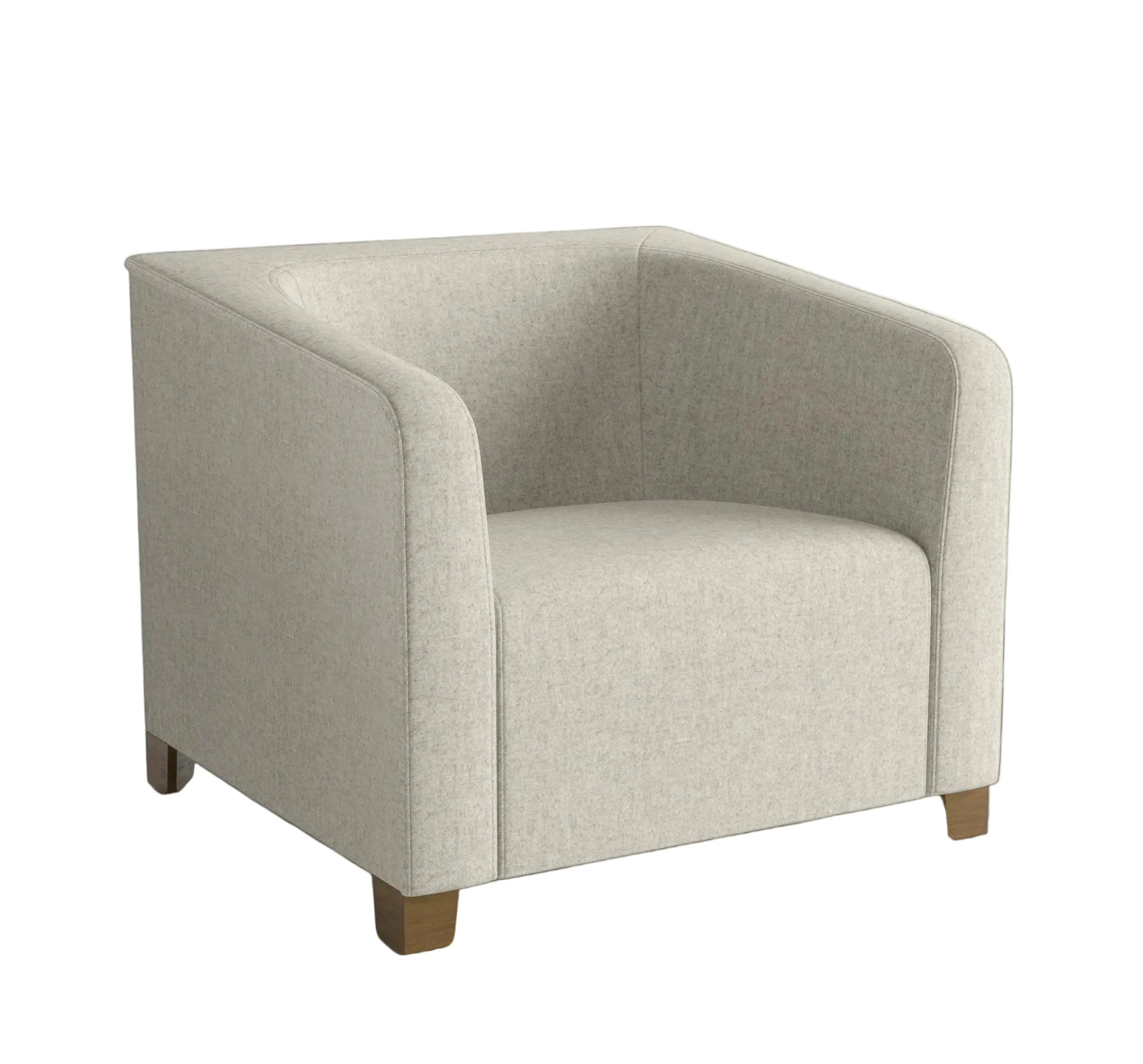A modern barrel-style armchair upholstered in light beige textured fabric, featuring a low back, rounded arms, and short brown wooden legs, shown on a plain white background.